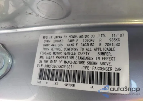 2008 Honda Accord 2.4 Ex из США, поврежденный, VIN JHMCP26728C032871